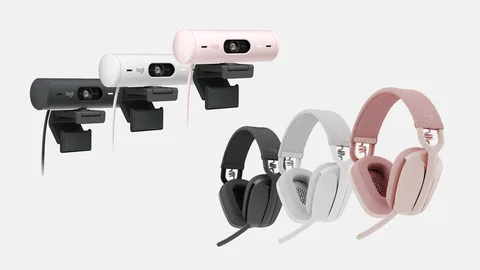 Trois webcams Brio 500 en noir, blanc et rose ainsi que trois écouteurs Zone Vibe dans les mêmes couleurs
