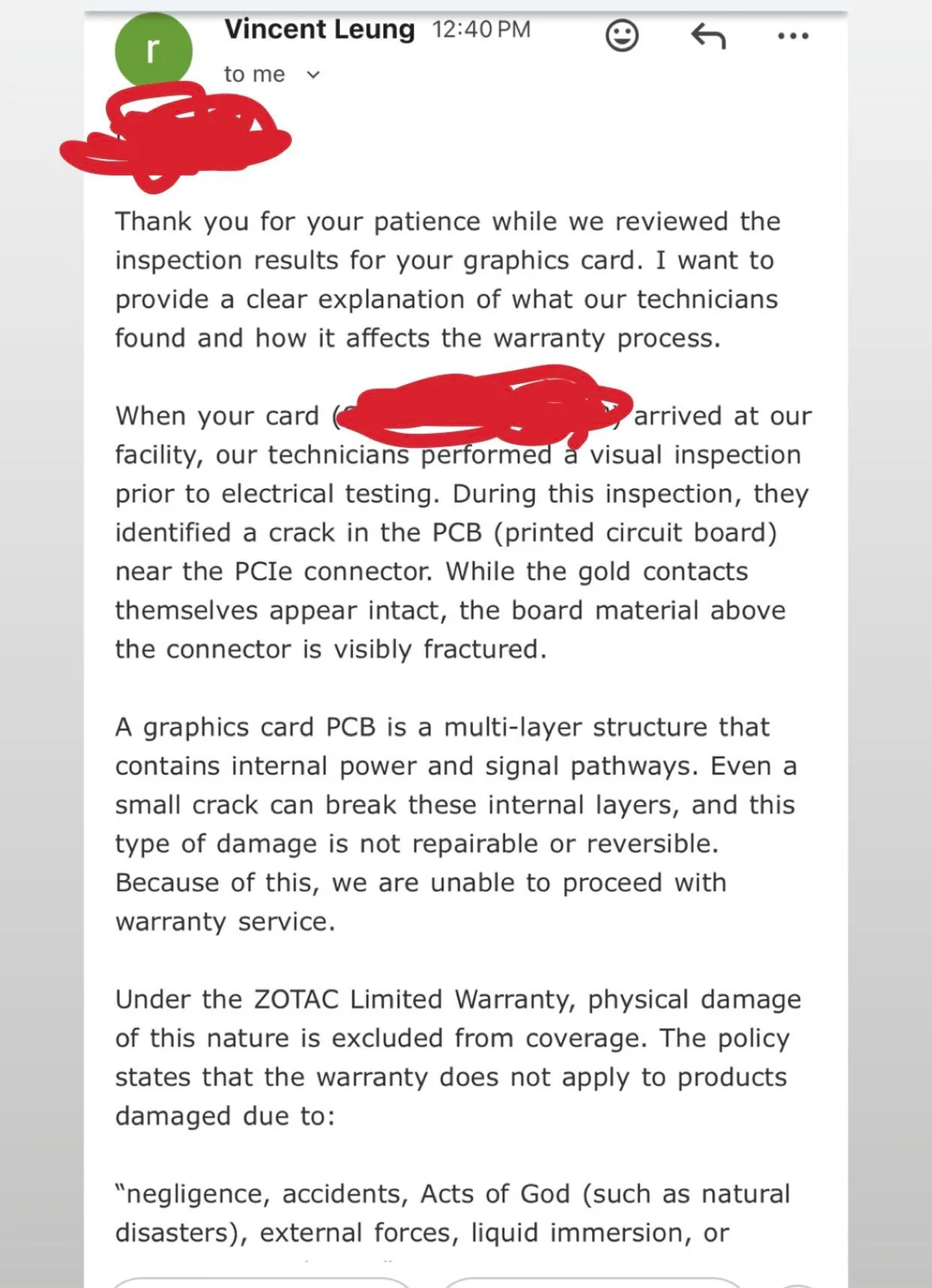 Email de Vincent Leung discute des dommages à la carte graphique et précise que cela n'est pas couvert par la garantie.