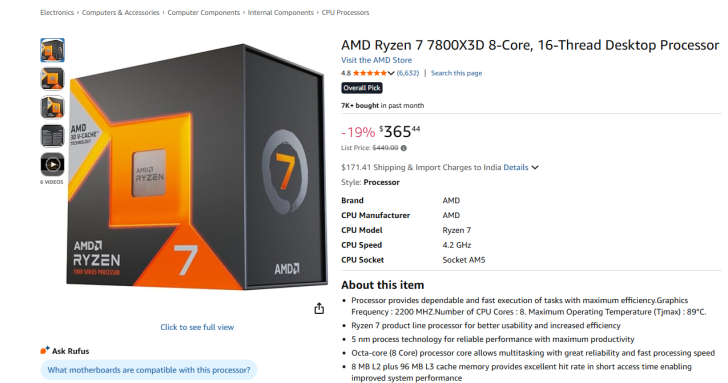 AMD Ryzen 7 7800X3D à 365,44 € avec une remise de 19%.