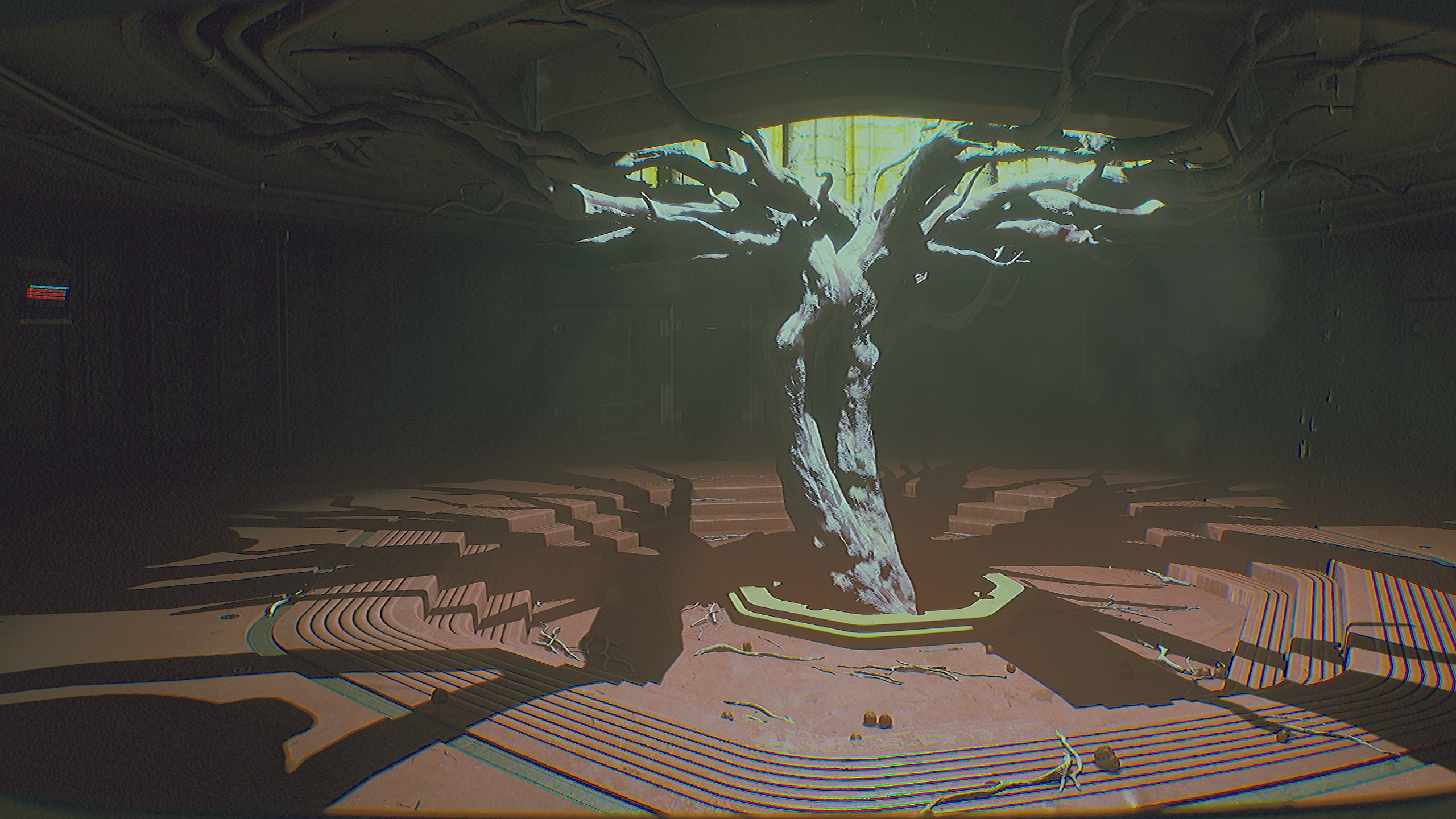 Arbre illuminé dans un espace circulaire.