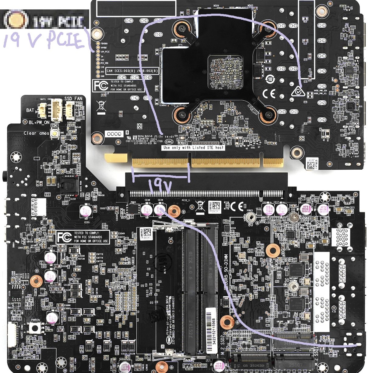 Vue de dessus d'une carte mère et d'une carte PCIe avec annotations.