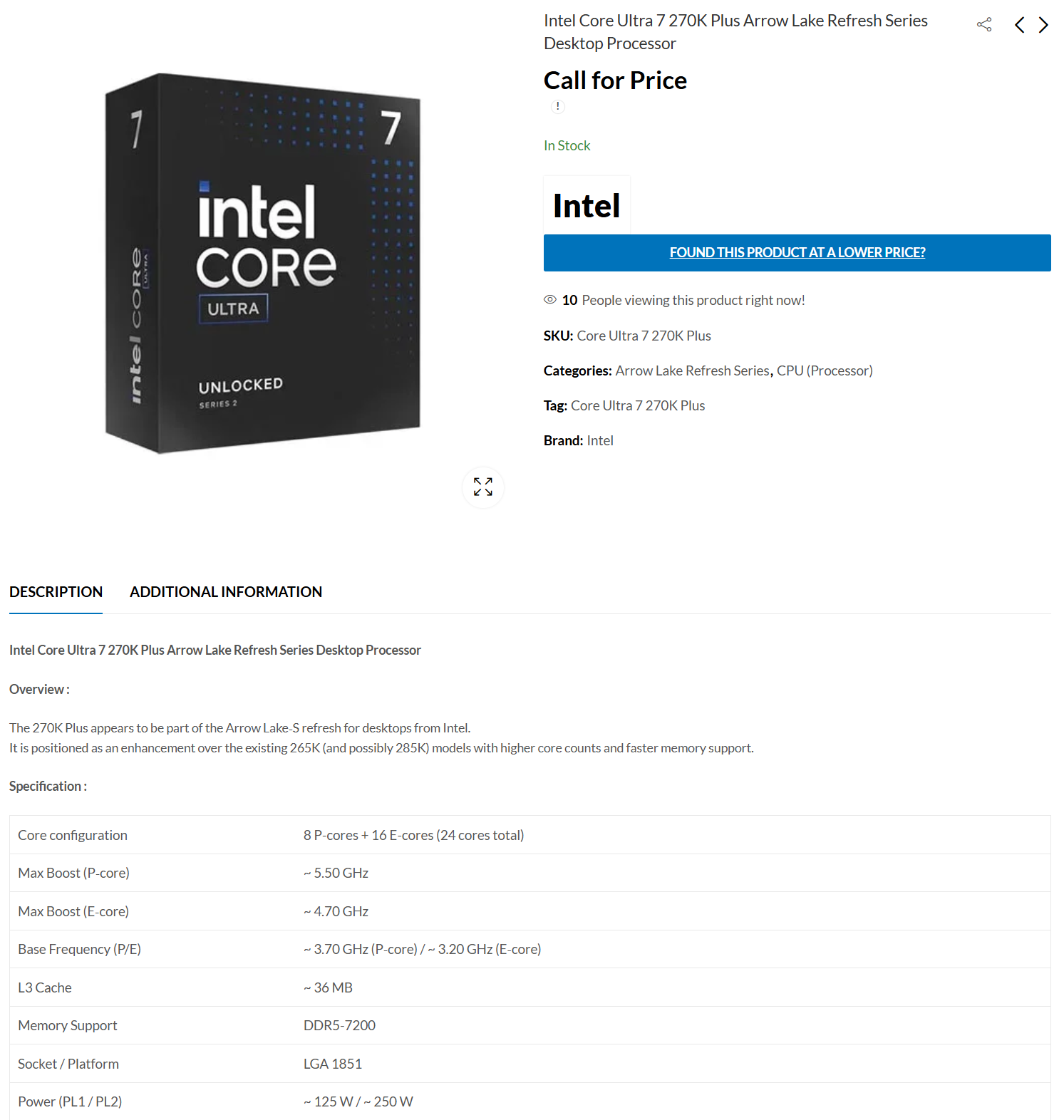Image d'un processeur Intel Core Ultra 7 270K Plus.