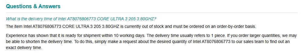 Section question et réponse concernant le délai de livraison du Intel AT8076806773 CORE ULTRA 3 205 3.80GHz, indiquant qu'il est actuellement en rupture de stock.