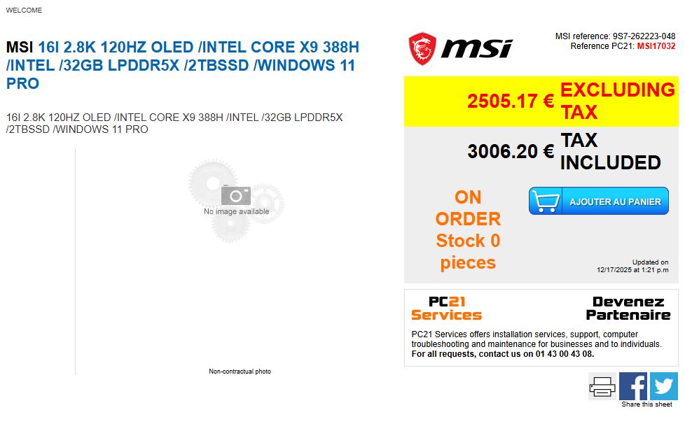 Ordinateur portable MSI 16 pouces OLED 2.8K avec Intel Core X9 388H, 32 Go de RAM, 2 To SSD, prix listé à 3006,20 €.