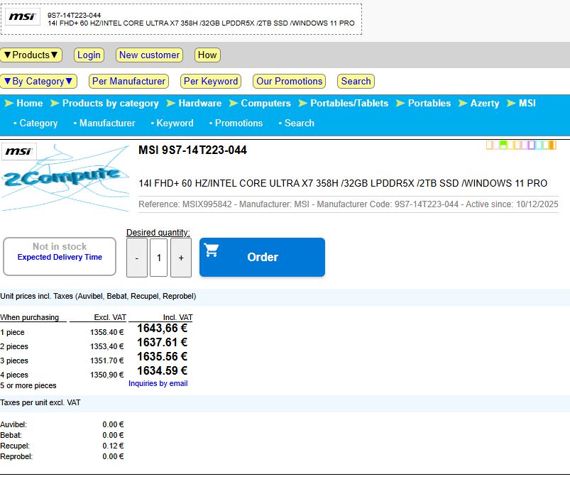 Détails d'un laptop MSI 14 pouces avec Intel Core Ultra X7 358H, 32 Go de RAM, 2 To SSD, prix 1643,66 €.