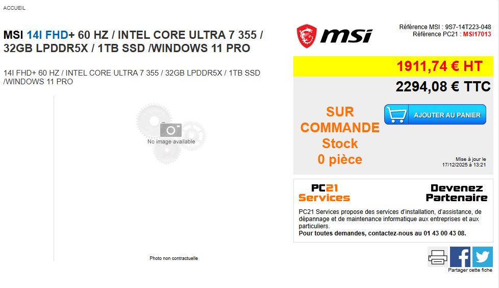 Listing d'un laptop MSI 14 pouces avec Intel Core Ultra 7 355, 32 Go de RAM, 1 To SSD, affiché à 2294,08 €.