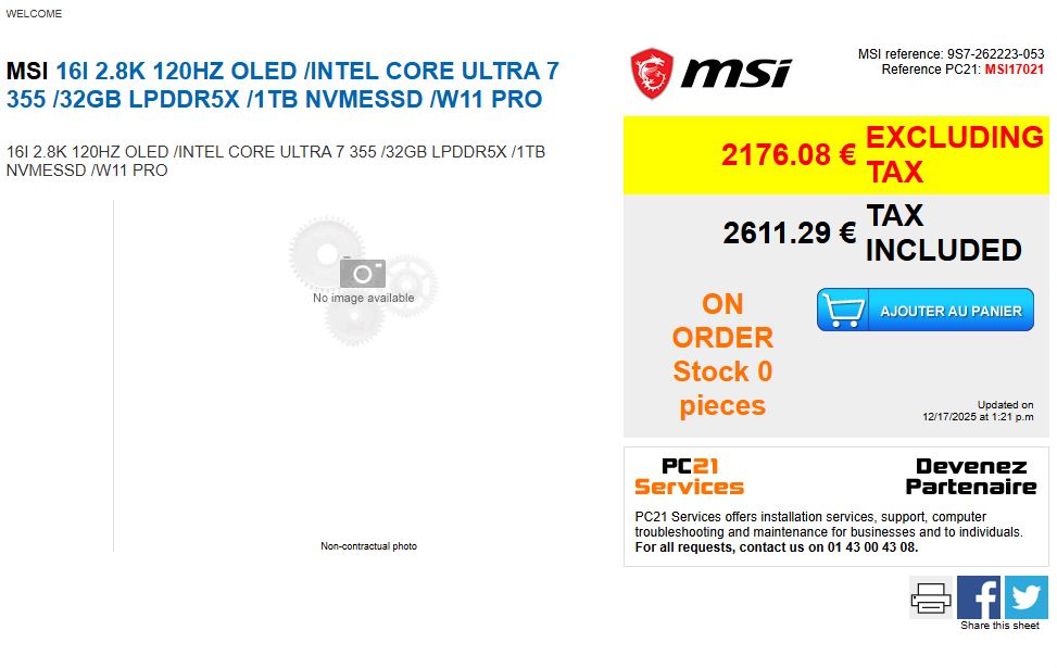 Détails d'un laptop MSI 16 pouces avec écran OLED 2.8K, Intel Core Ultra 7 355, 32 Go de RAM, 1 To SSD, Windows 11 Pro, prix 2176,08 €.