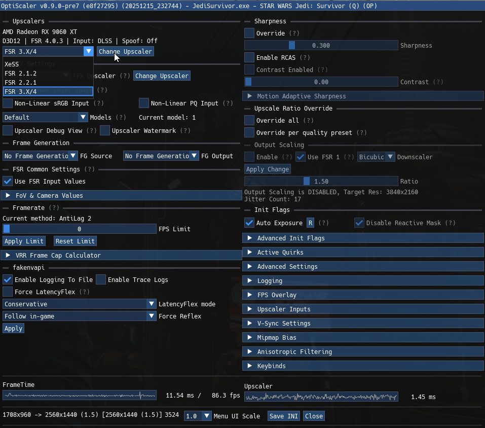 Fenêtre de l'application OptiScaler v0.9.0-pre7 montrant les réglages pour une RX 9060 XT.