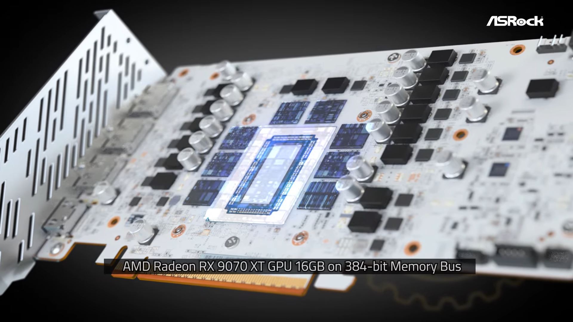 Vue détaillée de la carte graphique ASRock Radeon RX 9070 XT.