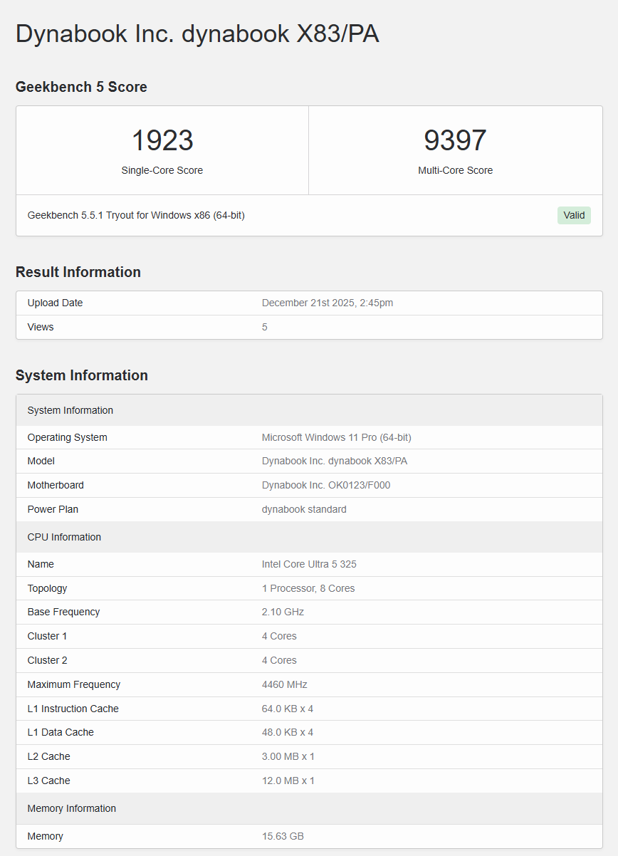 Score Geekbench 5 du Dynabook X83/PA avec Intel Core Ultra 5 325.
