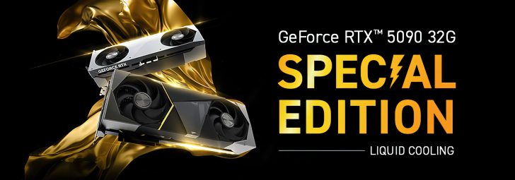 Deux cartes graphiques GeForce RTX 5090 avec 'SPECIAL EDITION' et 'LIQUID COOLING'.