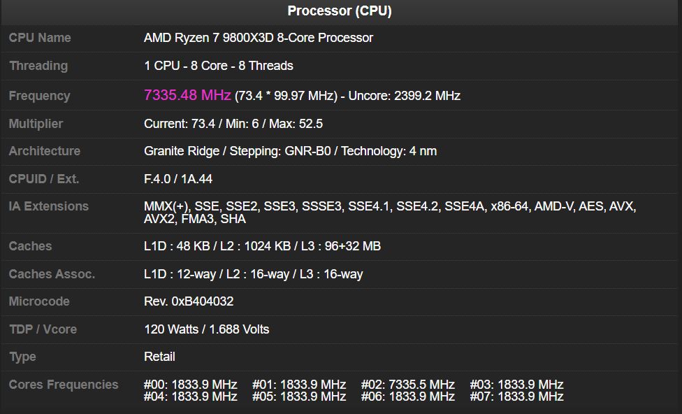 Écran d'information système indiquant le processeur AMD Ryzen 7 9800X3D avec une fréquence de '7335,48 MHz'.
