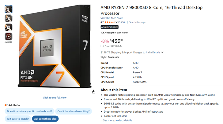 AMD Ryzen 7 9800X3D à 439,99 € avec caractéristiques comme '4,7 GHz'.