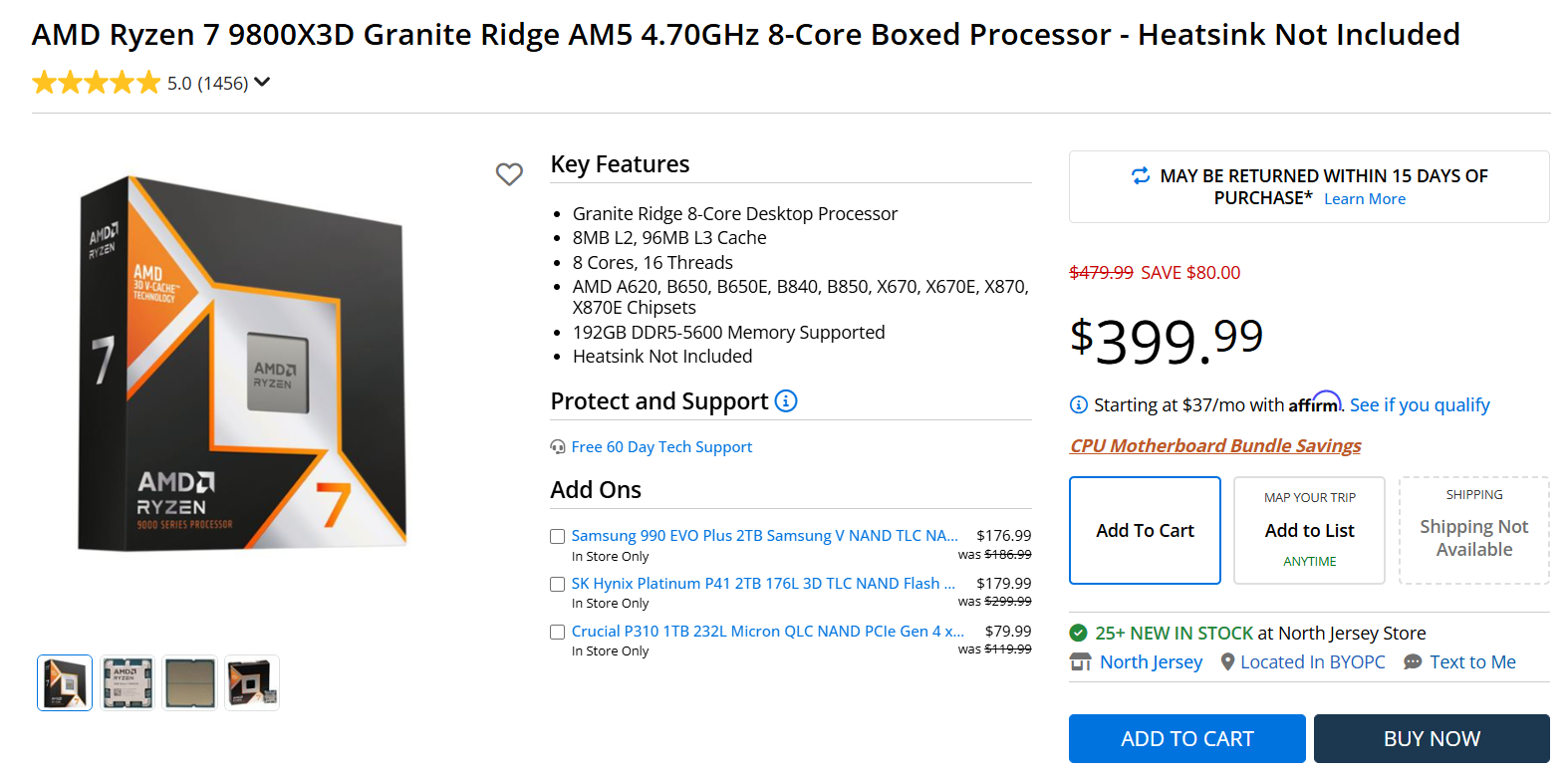 Image du processeur AMD Ryzen 7 9800X3D à 399,99 €, incluant la technologie 'AMD 3D V-Cache'.