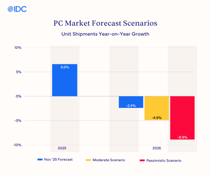 Un graphique en barres de IDC intitulé 'Scénarios de Prévisions du Marché des PC' montre une augmentation de 6.6 % en 2025 et des baisses de -2.4 %, -4.9 % et -8.9 % en 2026.