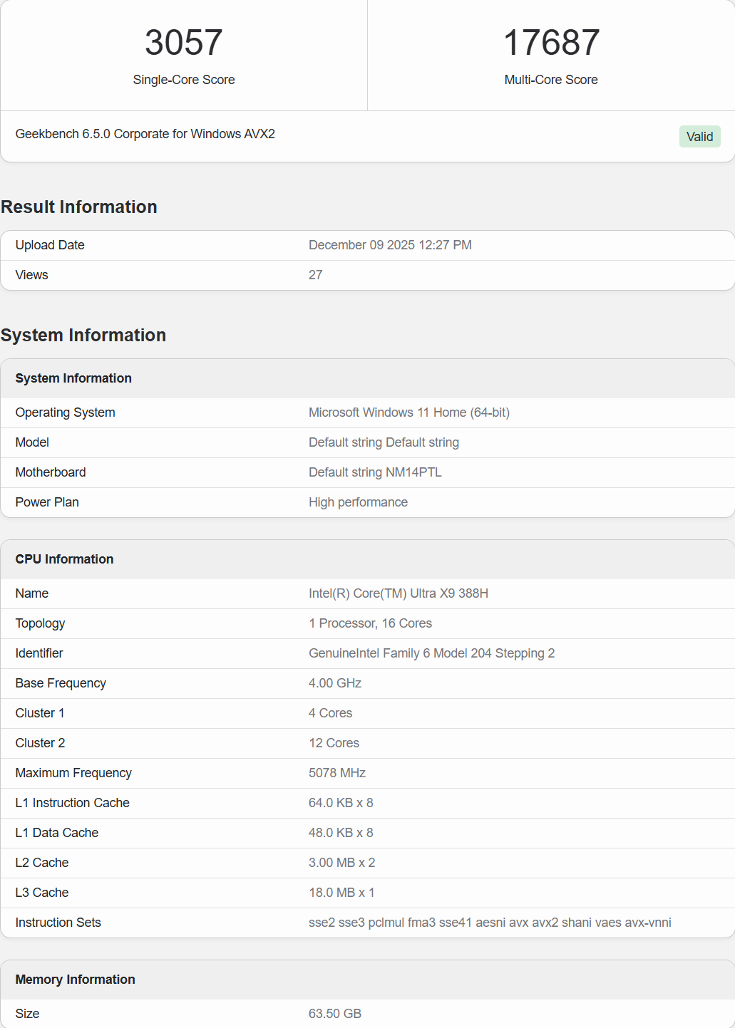 Rapport de score Geekbench 6.5.0 montrant un processeur 'Intel Core Ultra X9 388H' avec un score mono-core de 3057 et un score multi-core de 17687 sur un système exécutant 'Microsoft Windows 11 Home'.