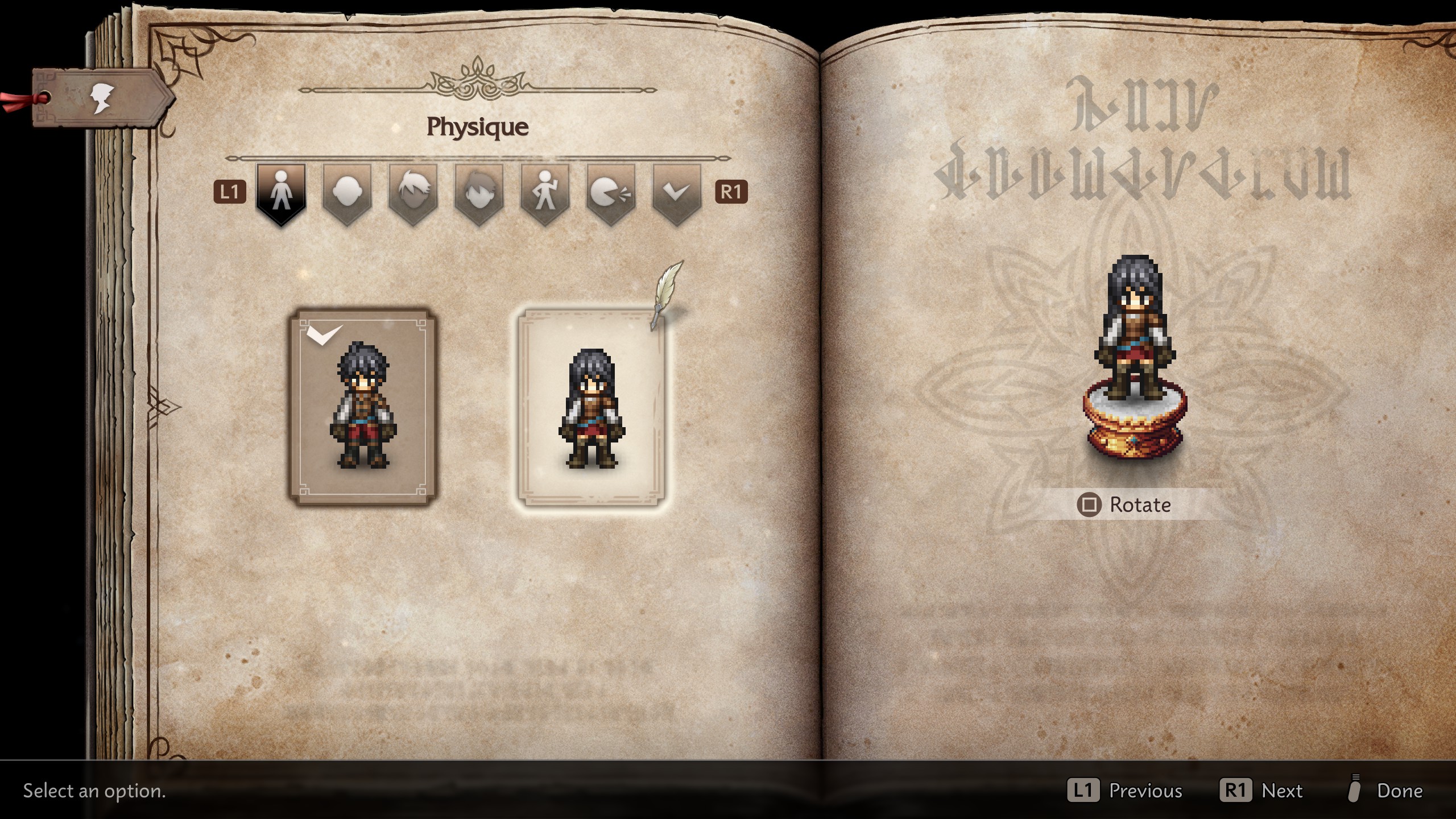 Écran de personnalisation de personnage dans Octopath Traveler 0 présentant des options de choix d'apparence.