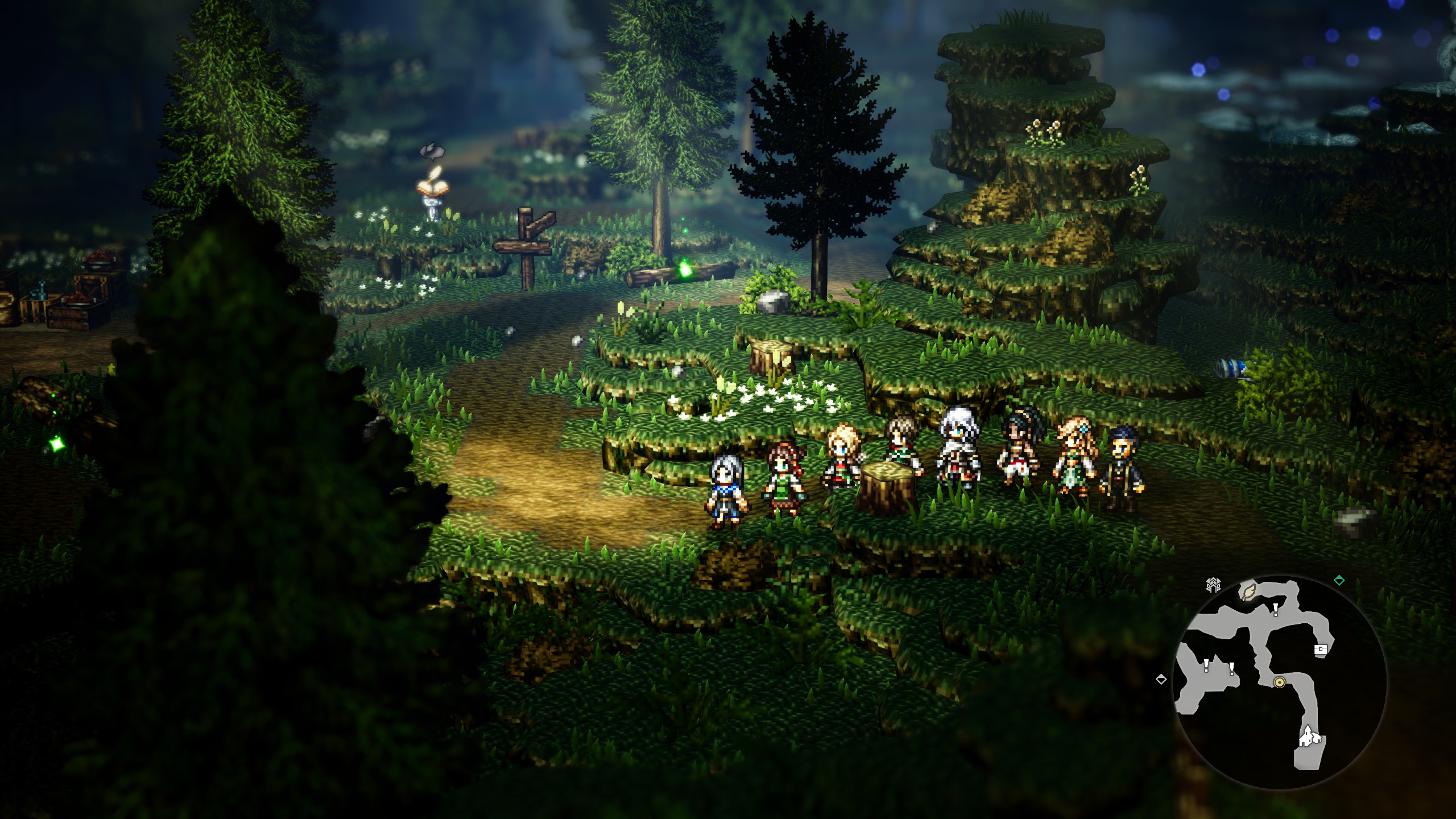 Personnages dans une zone forestière, chemin et mini-carte en bas à droite dans Octopath Traveler 0