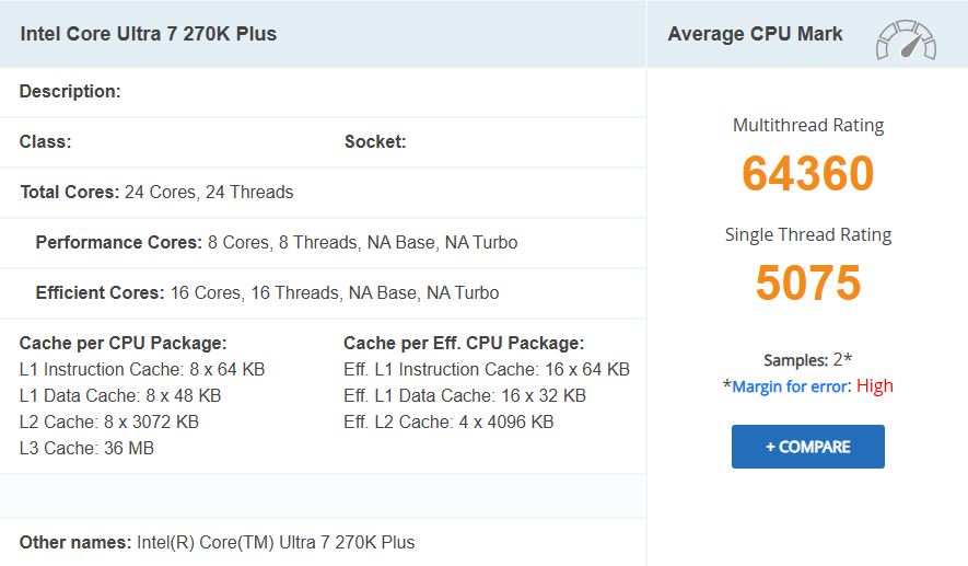 Benchmark results for Intel Core Ultra 7 270K Plus show a Multithread Rating of 64360 and a Single Thread Rating of 5075, with core and cache details listed.
