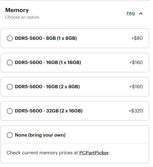Un menu de sélection des options de mémoire répertorie les configurations de RAM DDR5-5600, des prix variant de 8 Go pour 75,60 € à 32 Go pour 288 €.