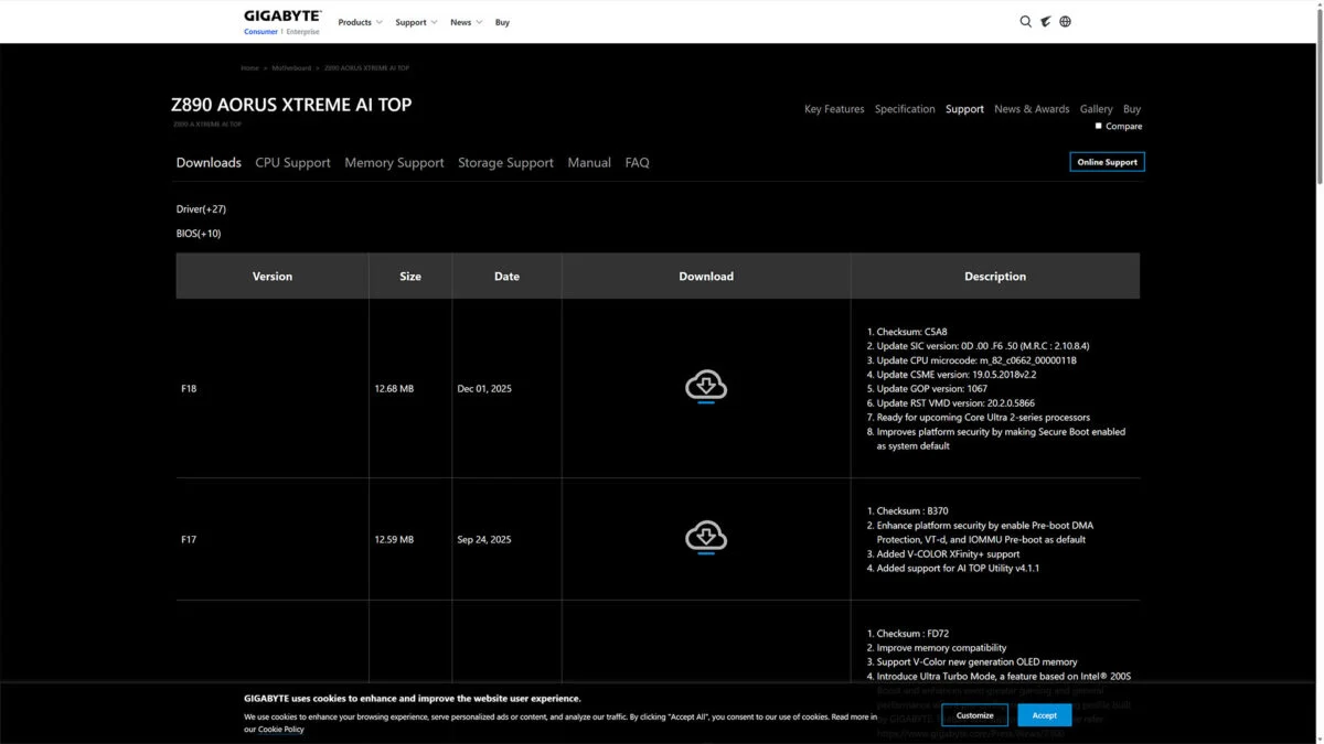 Publication de nouveau BIOS par Gigabyte pour les processeurs Intel Core Ultra 2