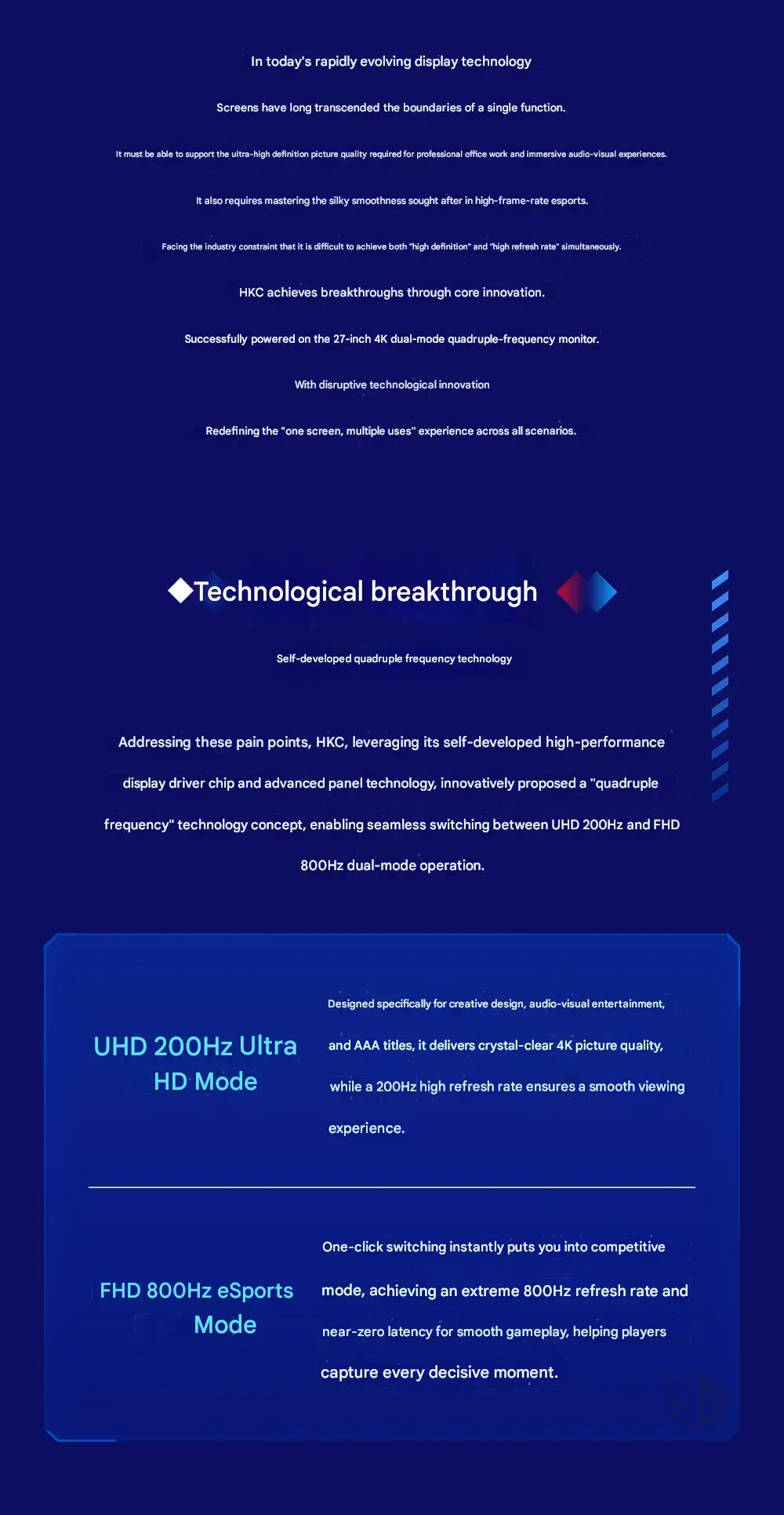 Une diapositive de présentation d'HKC présentant une avancée technologique avec la technologie à quadruple fréquence.