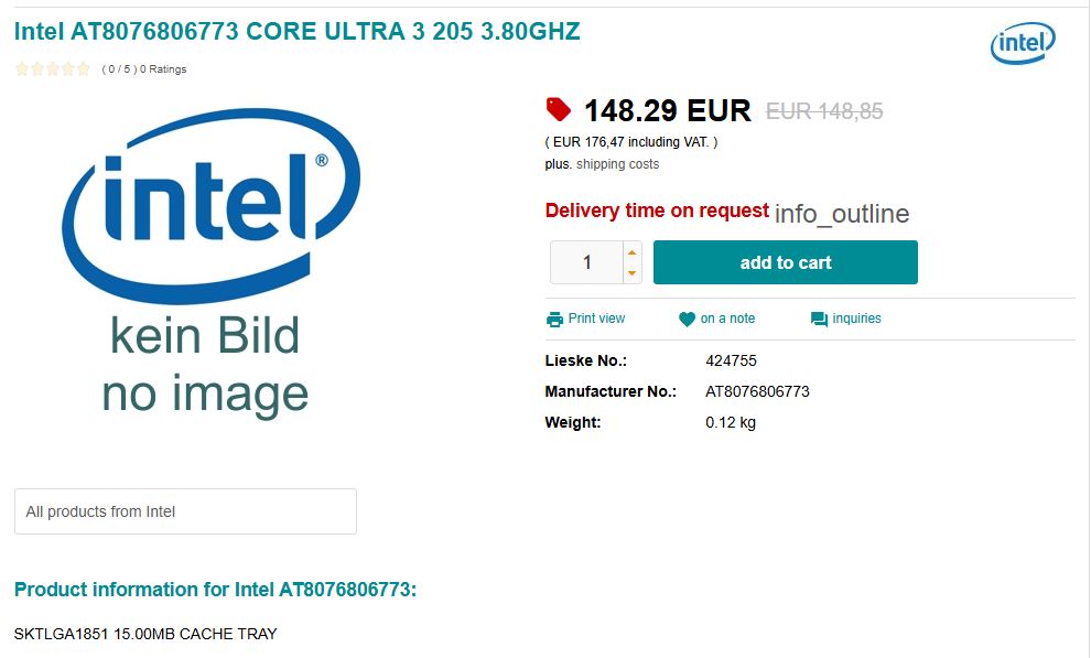 Page produit pour le processeur Intel AT8076806773 Core Ultra 3 205 3.80GHz montrant le prix de '148.29 EUR' avec une indication 'kein Bild no image' pour la photo.