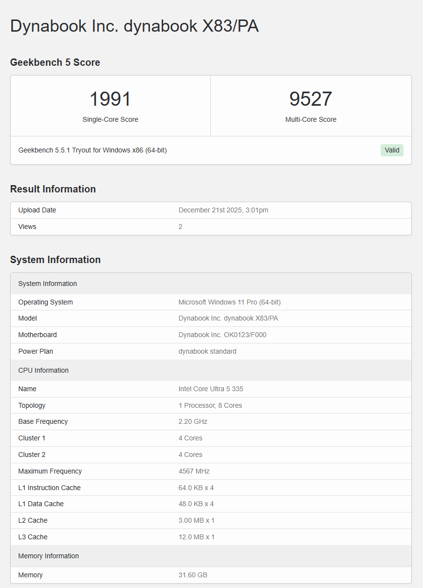 Score Geekbench 5.5.1 du Dynabook X83/PA avec processeur Intel Core Ultra 5 335.