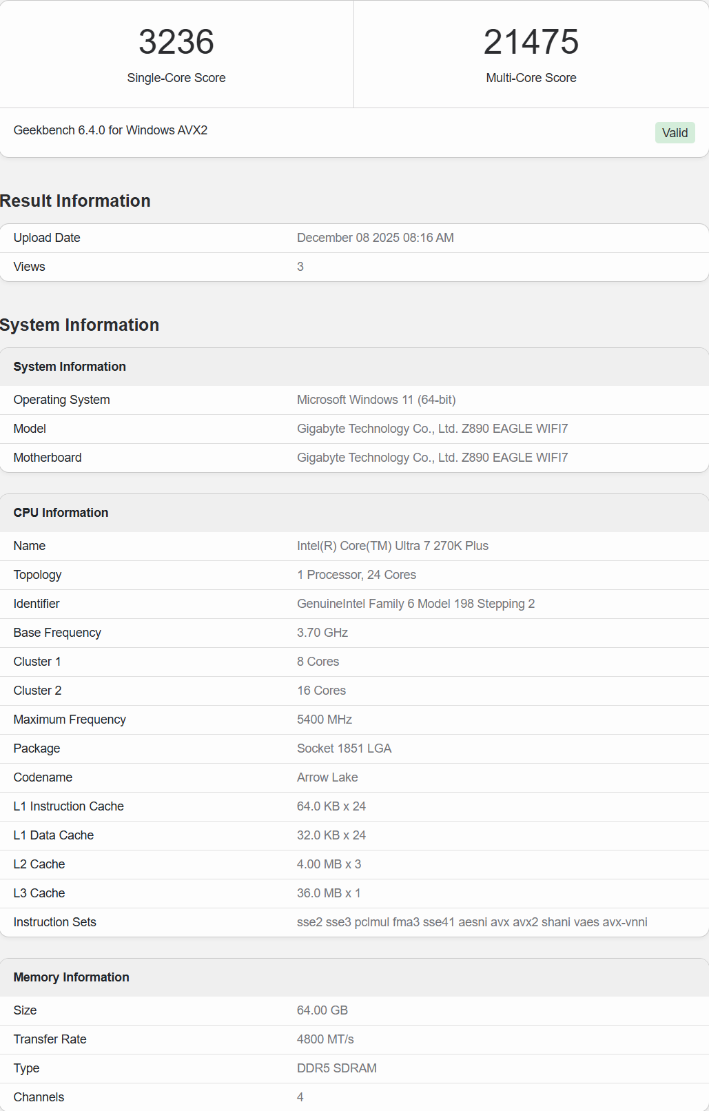 Performance Geekbench du Core Ultra 7 270K Plus