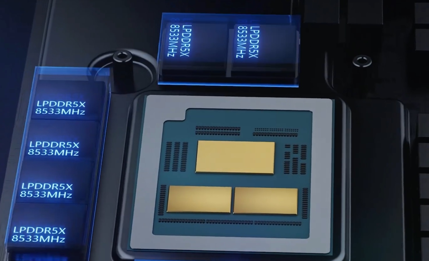 Gros plan d'une puce microélectronique entourée de modules de mémoire LPDDR5X étiquetés 'LPDDR5X 8533MHz'.