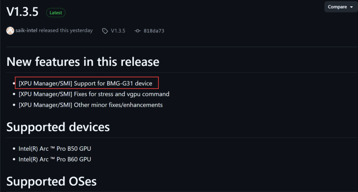 Une capture d'écran de la version 'V1.3.5' mettant en évidence de nouvelles fonctionnalités dont '[XPU Manager/SMI] Support pour l'appareil BMG-G31' ainsi que des appareils pris en charge tels que les GPU Intel(R) Arc™ Pro B50 et B60.