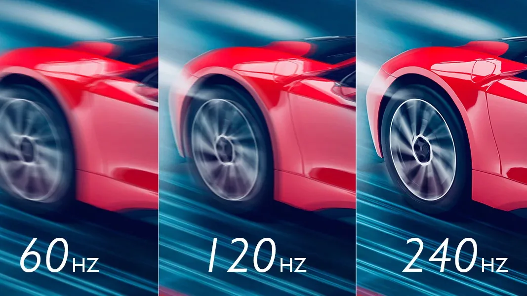 Multiple images of a red car with examples of increased refresh rates.