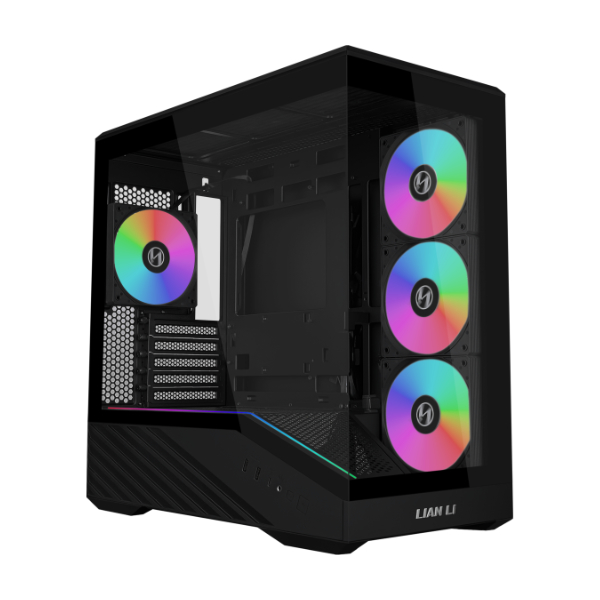 Boîtier PC Lian Li avec ventilateurs RGB visible à travers le panneau latéral en verre.