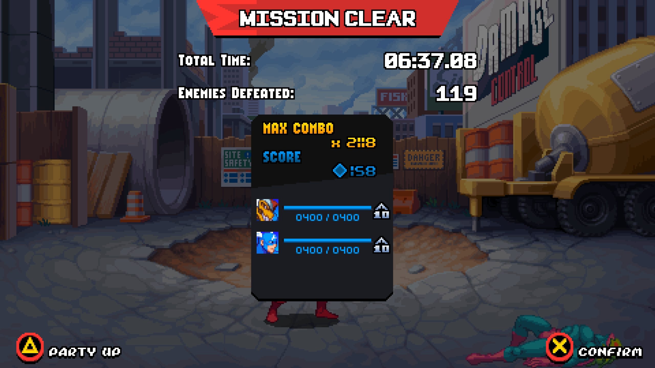 Capture d'écran du jeu indiquant 'MISSION CLEAR' avec un temps total de '06:37.08' et '119' ennemis vaincus.