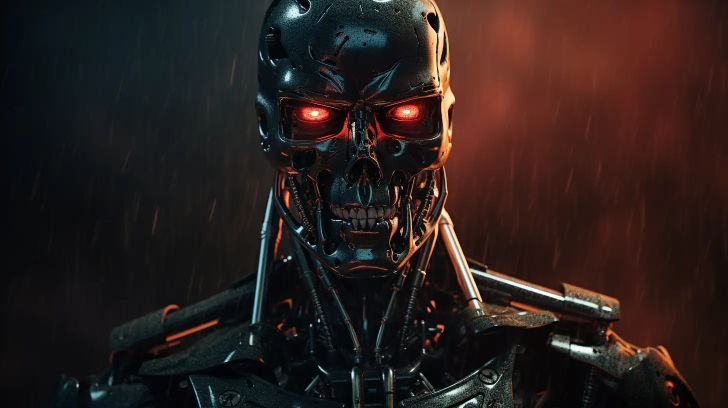 Détails d'un endosquelette de Terminator avec des yeux rouges brillants, sur fond sombre et pluvieux.