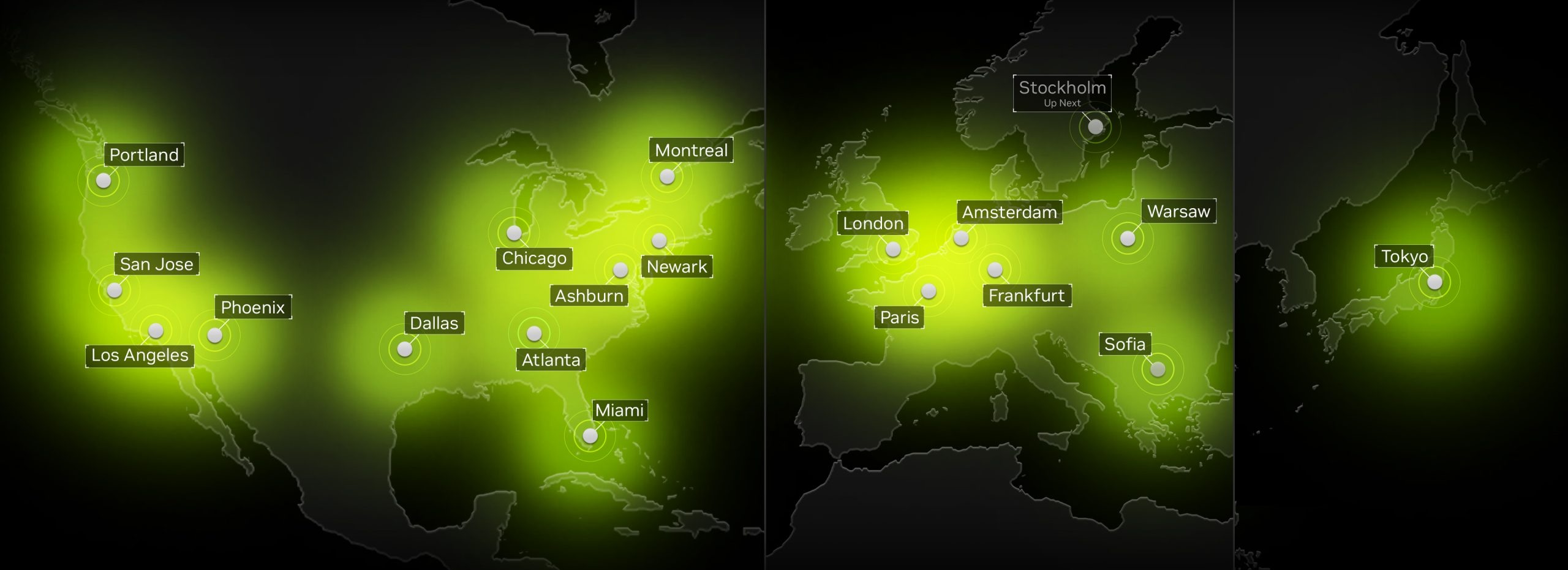 Carte des emplacements de serveurs dans des villes comme Portland, San Jose, Tokyo, et Paris, avec 'Stockholm' étiqueté comme 'Prochain'.