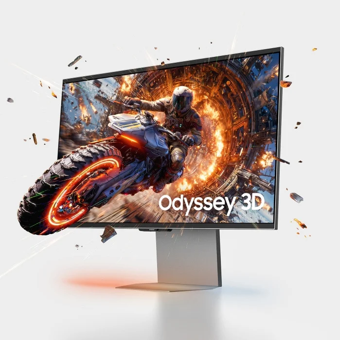 Moniteur de jeu Odyssey 3D, un motard sort de l'écran.