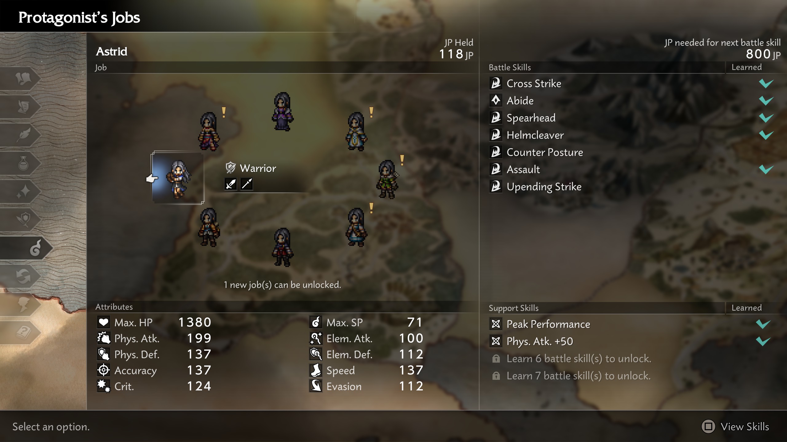 Interface de jeu d'Octopath Traveler 0 avec le personnage Astrid en tant que 'Guerrier', affichant des attributs comme Max. HP 1380 et Phys. Atk. 199.