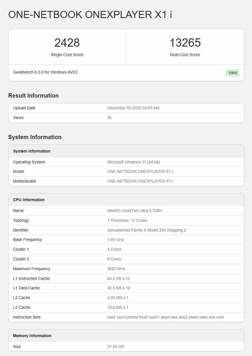 Le OneXPlayer X1 atteint un score d'un cœur de 2428 et de 13265 en multicœur avec un processeur Intel Core Ultra 5 338H.