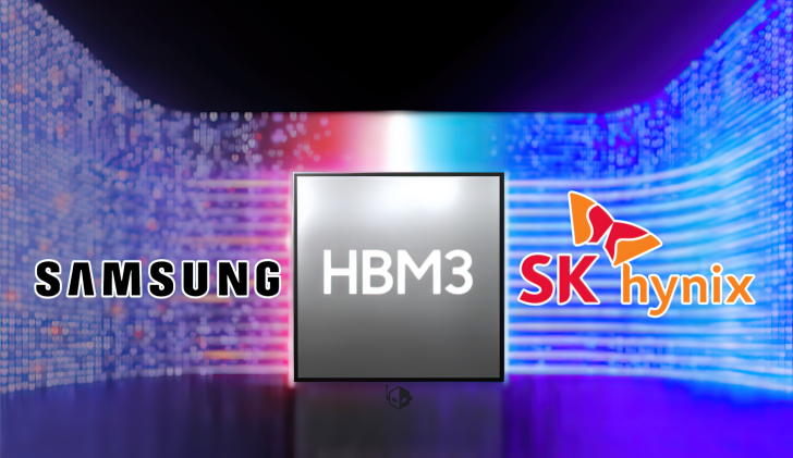 Logos Samsung et SK Hynix avec une puce de mémoire HBM3.