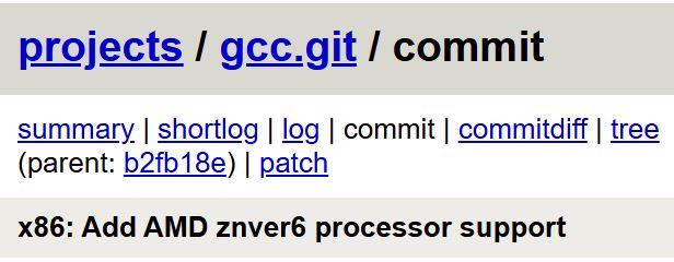 Capture d'écran d'un commit GCC montrant le support des processeurs AMD znver6.