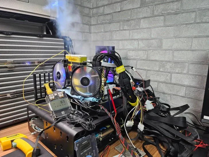 PC sur mesure avec refroidissement à eau et thermomètre numérique affichant '8.9'.