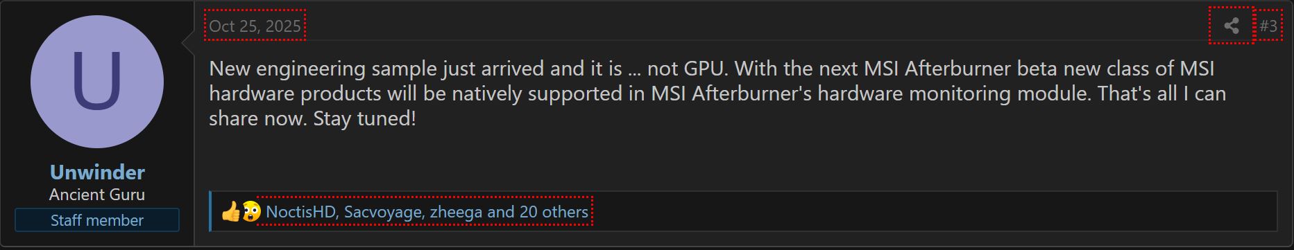 Un post de forum par 'Unwinder' évoquant un nouvel échantillon d'ingénierie et de potentielles futures améliorations de MSI Afterburner.