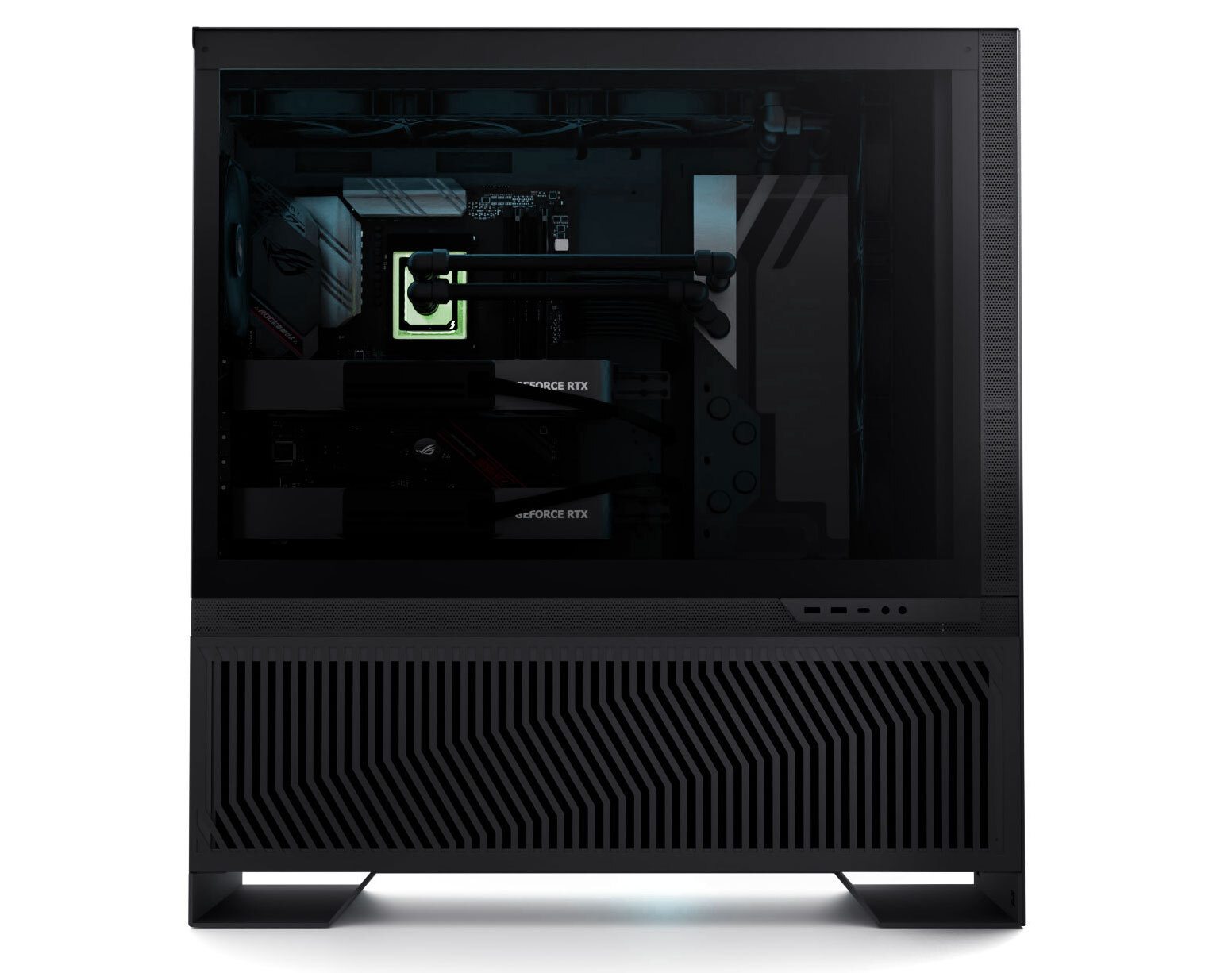 Configuration PC avec deux cartes graphiques NVIDIA GeForce RTX et une carte mère ASUS ROG visible à travers un panneau latéral en verre.
