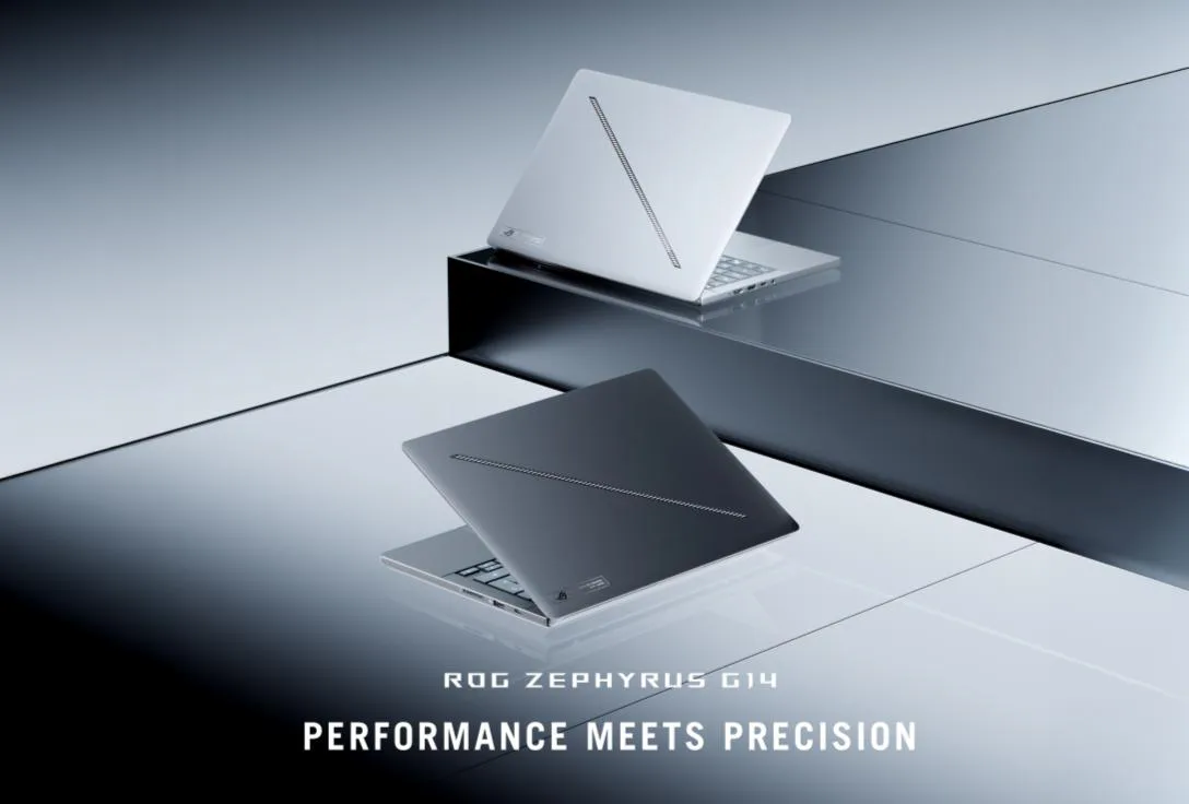Asus ROG Zephyrus G14 lineup ad that reads 'performance meets precision.'