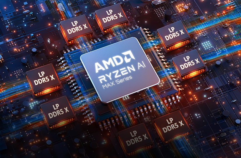 Détails d'une carte mère avec une puce AMD Ryzen AI MAX.