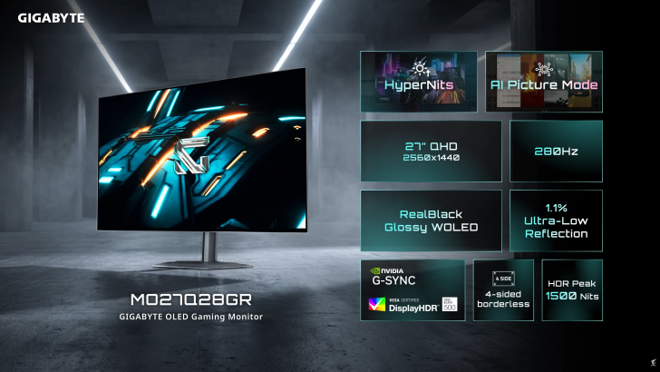 Moniteur Gigabyte MO27Q28GR OLED avec 'HyperNits,' 'AI Picture Mode,' '27 QHD 2560x1440,' '280Hz.'