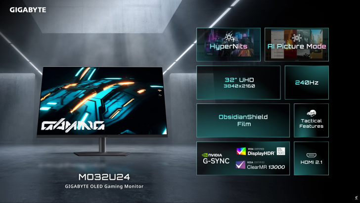 Moniteur Gigabyte MO32U24 OLED avec 'HyperNits,' 'AI Picture Mode,' résolution UHD 3840x2160, taux de rafraîchissement de 240Hz.