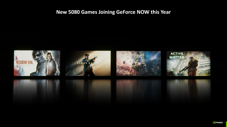 The image shows titles of new games including 'Resident Evil: Requiem,' 'First Light,' 'Crimson Desert,' and 'Active Matter' overlayed with the text 'New 5080 Games Joining GeForce NOW this Year,' with an NVIDIA logo in the corner.