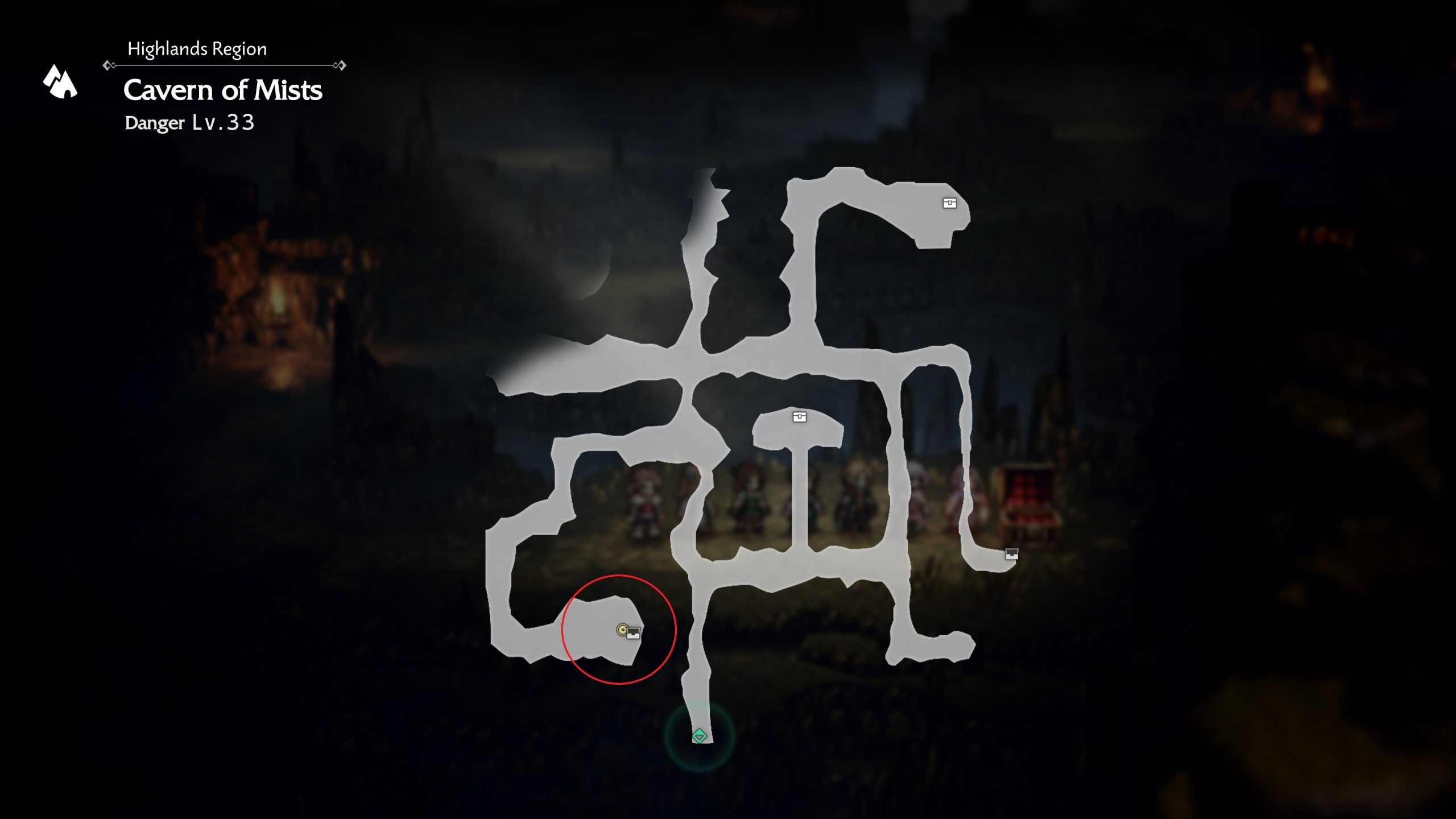 Une carte du jeu montrant la 'Highlands Region' étiquetée 'Cavern of Mists' avec un 'Danger Lv. 33', présentant des chemins, des icônes de personnage et des marqueurs de coffre au trésor.